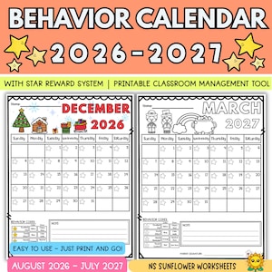 May include: A printable 2026-2027 behavior calendar featuring a star reward system. The document displays monthly grids for December 2026 and March 2027, including behavior codes, note sections, and seasonal illustrations like a tree and rainbow.