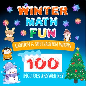 以下が含まれることがあります： 子供向けの冬をテーマにした数学の問題のカラフルなイラスト。画像にはペンギン、雪だるま、トナカイ、クリスマスツリーが描かれています。テキストには「Winter Math Fun Addition & Subtraction Within 100 Includes Answer Key」と書いてあります。