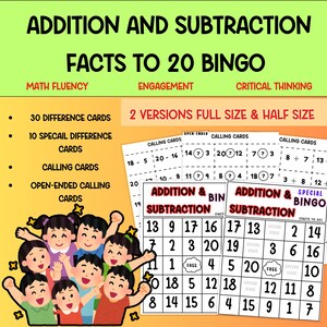 May include: A colorful bingo game for kids featuring addition and subtraction facts to 20. The game includes 30 difference cards, 10 special difference cards, calling cards, and open-ended calling cards. The game is designed to help kids learn math fluency, engagement, and critical thinking skills.
