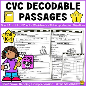 May include: Educational phonics worksheets for K-1 students. The image features "CVC Decodable Passages" with comprehension questions. Includes a cartoon girl holding a "dog" card and a "d" card, plus a "Set 1" star.