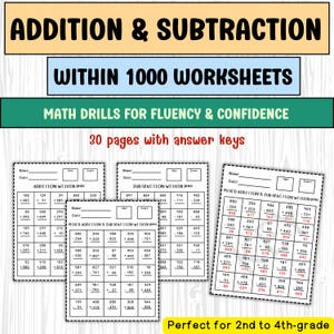 May include: Three worksheets for addition, subtraction, and mixed addition and subtraction within 1000. Each worksheet has a title, name, date, time, and score sections. The worksheets are filled with math problems.