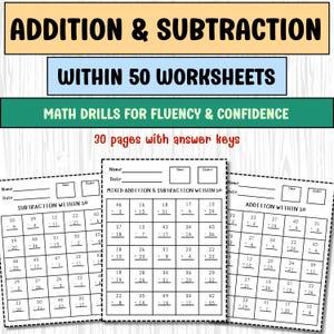Addition & Subtraction to 50 | Vertical Math Practice Worksheets for 1st and 2nd Grade