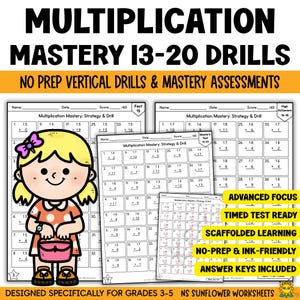 May include: Educational worksheet titled "Multiplication Mastery 13-20 Drills" with a cartoon girl holding a purse. The worksheet includes multiplication problems and is designed for grades 3-5. Features include advanced focus and answer keys.