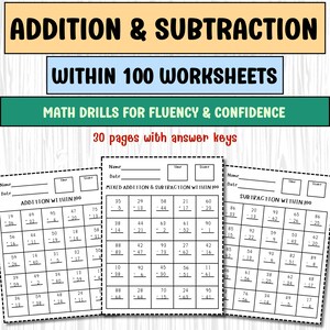 Addition & Subtraction to 100 | Vertical Math Practice Worksheets for 1st and 2nd Grade