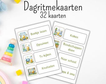 May include: A set of 32 colorful cards with illustrations and Dutch text for a daily routine. The cards feature activities like reading, cleaning, watching TV, and visiting grandparents.
