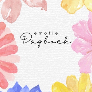 Può includere: Un'illustrazione ad acquerello di una copertina di diario con il testo "emotie Dagboek" e un bordo floreale. I fiori sono rosa, gialli e blu.