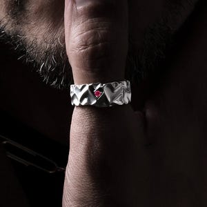 HeartHammer Ring with Ruby, Sterling Silver Adjustable Ring, Handmade 925 Silver Gemstone Ring, Textured Statement Jewelry Paul Silver
