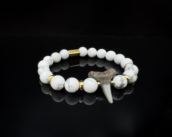 Fossil Shark Tooth Bracelet with Howlite Gemstones - 18k Gold