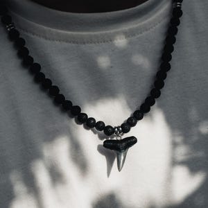 Fossil Shark Tooth Necklace with Lava Rock Gemstone for Men