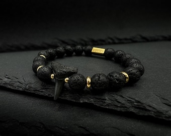 Fossil Shark Tooth Bracelet - Lava Rock - 18K Gold