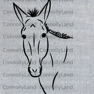 May include: Black and white line art illustration of a donkey's head. The donkey has a long, flowing mane and a large, expressive face.