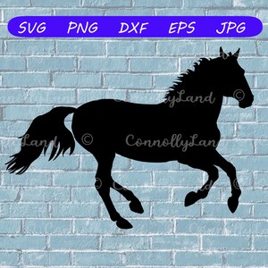 May include: Black silhouette of a horse running to the right. The horse has a long mane and tail.