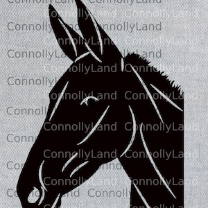 May include: Black silhouette of a donkey's head, facing left, with a textured pattern on the face. The image is on a gray background with the text "SVG DXF EPS PNG" at the top.