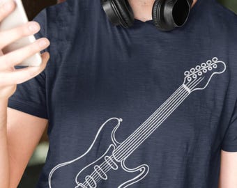 Minimalistisch ontwerp voor elektrische gitaar | Kunst voor muziekliefhebbers | Fender-stijl gitaart-shirt | Perfect cadeau voor gitaristen, uniseks softstyle-T-shirt
