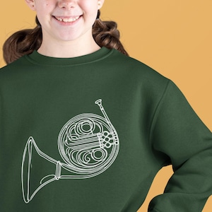 Unisex Kids French Horn Sweater - Minimalist  Art Music Design | Youth Music Lover Gift | POD Product, Youth Crewneck Sweatshirt