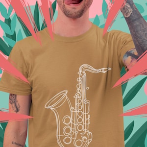 Minimalist One-Line Saxophone Art T-Shirt | Jazz Musician Gift | Saxophone Player Apparel | Music Lover Tee, Men&#39;s Staple Faded Tee