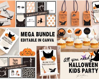 May include: A digital printable Halloween party bundle with black and orange colors. The bundle includes invitations, thank you tags, cupcake toppers, and other party decorations. The text on the image reads "Spooktacular Birthday Party", "Mega Bundle", "Editable in Canva", "Trick Treat", "Welcome to Liam's Spooktacular Party", "All you need! Halloween Kids Party".