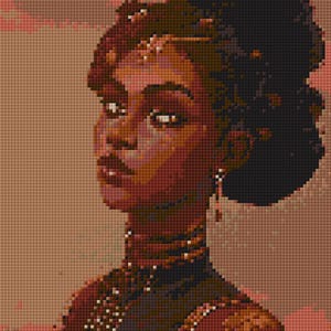May include: A close-up portrait of a woman with dark brown skin. She has dark brown hair styled in a bun and is wearing a beaded necklace and earrings. The background is a light brown color.