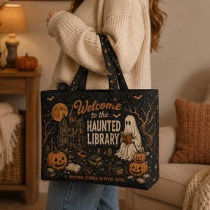 Halloween Quilted Tote Bag 2026, Haunted Library Ghost Design, Spooky Book Lover Gift, Gift for Reader, Witchy Shoulder Purse