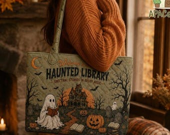 Halloween Haunted Library Tote Bag 2026, Quilted Book Lover Gift, Ghost Reading Pumpkin, Spooky 2026 Tote, Gift for Reader