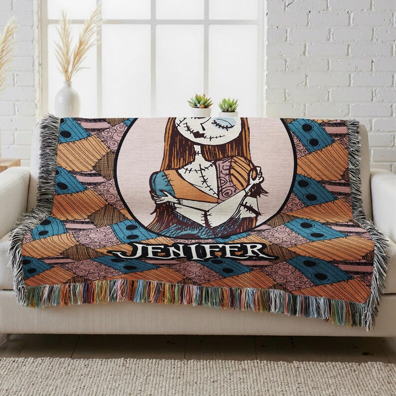 Personalized Sally The Nightmare Before Christmas Woven Blanket, Custom Name Blanket, Nightmare Christmas Blanket, Halloween Christmas Gifts 画像 3