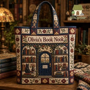 May include: A quilted tote bag featuring a printed scene of a bookstore interior with shelves of books, a black cat, and a central door with an "Open" sign. The text "Olivia's Book Nook" is printed at the top. The bag has a floral border pattern.