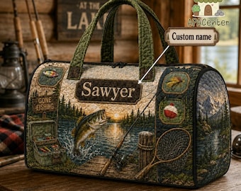 Custom Name Fishing Quilted Bag, Personalized Travel Bag, Fishing Bag, Gift for Him, Fishing Dad Weekender Bag, Fisherman Gift