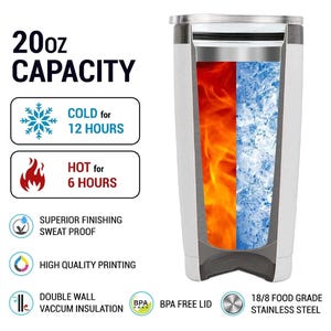 May include: A stainless steel tumbler with a double wall vacuum insulation. It has a 20 ounce capacity and keeps drinks cold for 12 hours and hot for 6 hours. The tumbler is BPA free and has a lid. It is made of 18/8 food grade stainless steel.