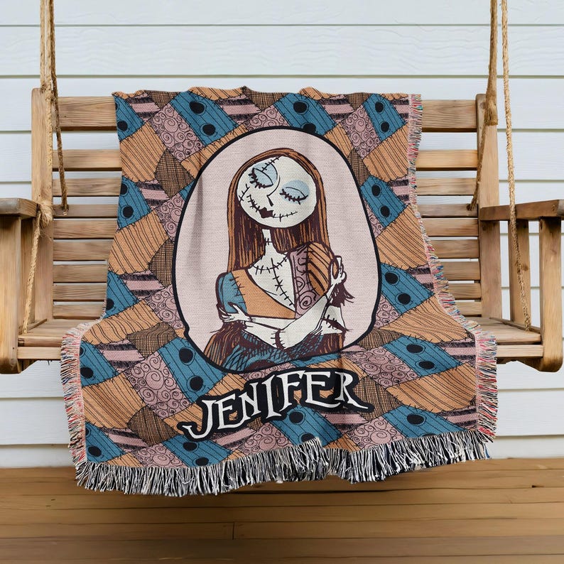 Personalized Sally The Nightmare Before Christmas Woven Blanket, Custom Name Blanket, Nightmare Christmas Blanket, Halloween Christmas Gifts 画像 1