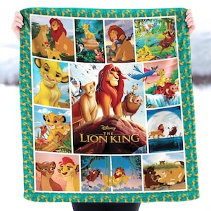 May include: A teal and yellow Lion King themed blanket featuring various scenes and characters from the movie. The blanket has a collage design with the movie title prominently displayed. The border has a repeating pattern of yellow lion cubs.