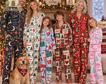 Personalized Celestial Christmas Pajamas Satin Set, Matching Family Moon Reindeer Holiday Pajamas, Moon, Stars, Reindeer, Vintage Night Sky