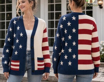 American Flag Knit Sweater Cardigan for Women, USA Flag Star Stripe Open Front Knitwear Cardigans, Casual Cardigans, Independence's Day Gift