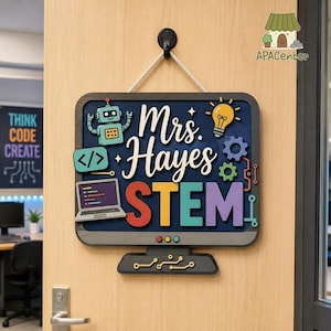 Personalized STEM Teacher Door Sign, Custom Coding Classroom Decor, Technology Wooden Hanging Plaque, Technology Teacher Gift