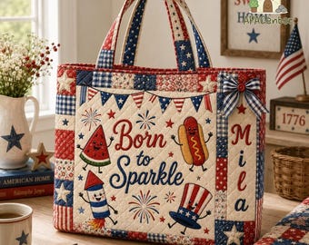 Personalized 250th Anniversary Patchwork Quilted Tote Bag, Custom Name Summer Beach Bag, Blue Stripe Patriotic Tote,USA 250 Celebration Gift