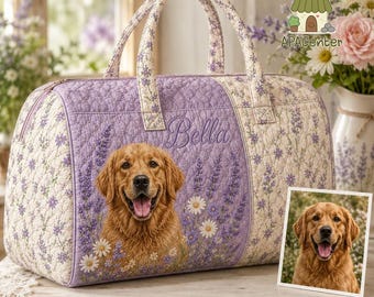 Personalized Dog Cat Photo Quilted Weekend Bag, Custom Travel Dog Quilted Bag, Pet Memorial Gift, Personalized Photo Bag, Retro Duffle Bag