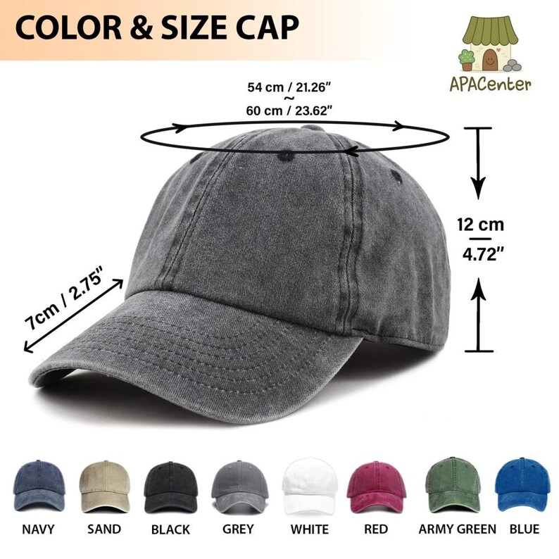 a gray baseball cap with measurements and color swatches for different sizes and colors.