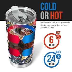 May include: A stainless steel tumbler with a floral pattern and a black lid. The tumbler is double-walled and insulated to keep drinks cold for up to 24 hours or hot for up to 6 hours. "COLD OR HOT" is written in large letters at the top of the image.
