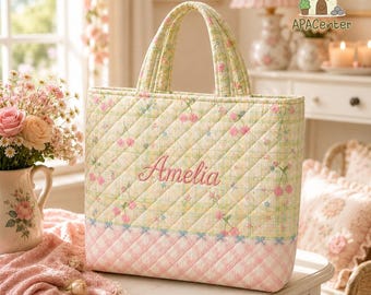 Personalized Quilted Pink Tote Bag, Cherry Crochet Shoulder Bag, Bridesmaid Gift, Gift For Her