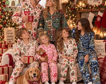 Matching Family Gathering Pajama Satin Set, Custom Family Names Holiday Pjs, Grandparents Pajama Gift