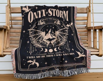 Fourth Wing Woven Blanket, Onyx Storm Violence Brave The Dark, Dragon Bookish Blanket, Fantasy Romance Reader Gift, Romantasy Book Merch