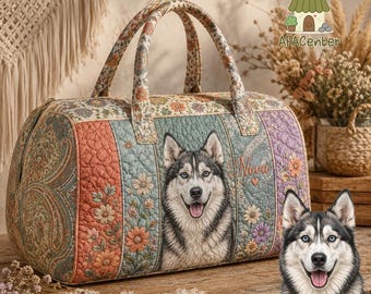 Custom Pet Quilted Weekend Bag, Personalized Husky Travel Bag, Boho Floral Weekender, Dog Mom Carry On Bag, Pet Lover Gift