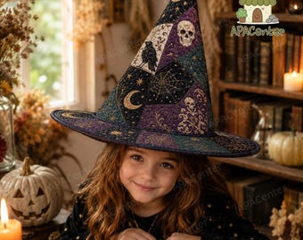 Raven Skull Patchwork Quilted Witch Hat, Celestial Quilted Witch Hat, Purple Black Spiderweb Moon Witchy Costume Hat, Halloween Witch Hat