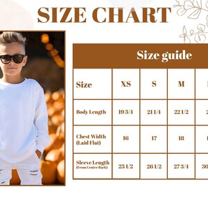 May include: A size chart with a young person wearing a white sweatshirt and ripped white jeans. The chart provides measurements for body length, chest width, and sleeve length in inches for sizes XS to XL. The text "SIZE CHART" is at the top.