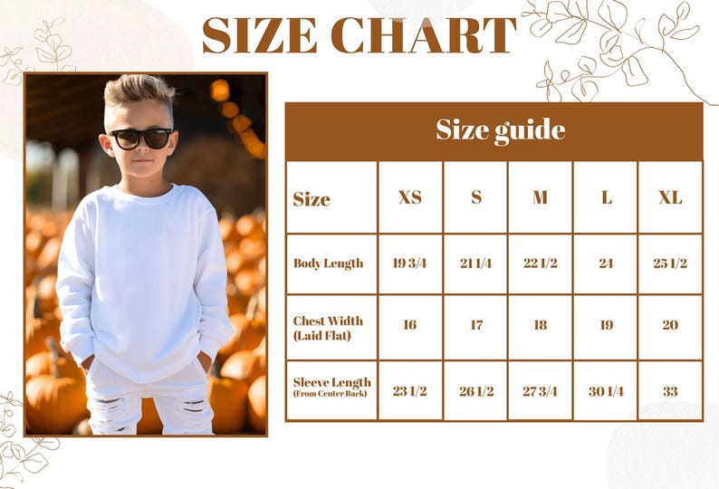 May include: A size chart with a young person wearing a white sweatshirt and ripped white jeans. The chart provides measurements for body length, chest width, and sleeve length in inches for sizes XS to XL. The text "SIZE CHART" is at the top.