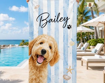 Custom Pet Portrait Beach Towel, Personalized Pet Photo Gift, Gifts for Dog Cat Lover, Gift Dog Lovers, Pool Towel with Pet Name and Picture