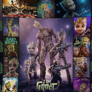 May include: A colorful blanket featuring multiple images of Groot from Guardians of the Galaxy. The blanket has a dark purple border with the word "GROOT" repeated. Various images of Groot are displayed, including "Baby Groot" and the phrase "I AM GROOT!"