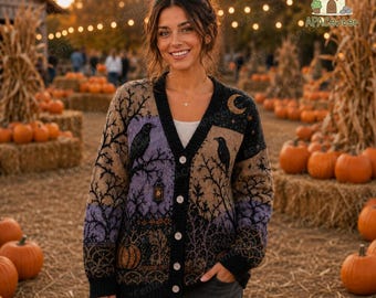 Raven Moon Gothic Halloween Knit Cardigan, Purple Haunted Forest Sweater, Pumpkin Crow Fall Cardigan, Dark Cottagecore Witch Gift