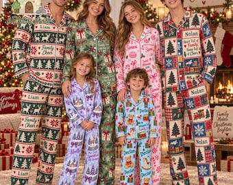 Personalized Classic Christmas Pajamas Satin Set, Custom Name Matching Family Xmas Pjs, Cozy Holiday Fair Isle Snow Globe Christmas Gifts