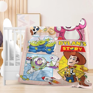 A colorful and vibrant blanket featuring characters from the Toy Story movie, including Woody, Buzz Lightyear, and other beloved characters.