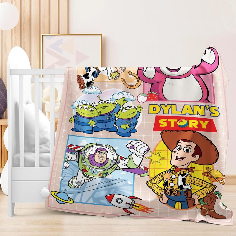 A colorful and vibrant blanket featuring characters from the Toy Story movie, including Woody, Buzz Lightyear, and other beloved characters.